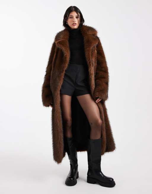 ASOS DESIGN Tall longline faux fur belted jacket in chocolate | ASOS