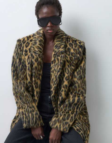 ASOS DESIGN Tall longline faux fur dad coat in leopard - view 1