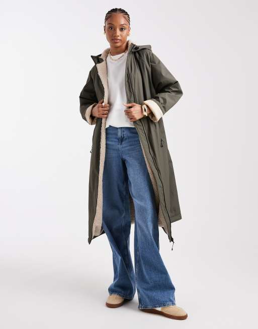 ASOS DESIGN Tall longline fleece lined rain coat in olive