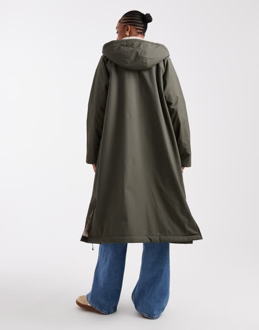 ASOS DESIGN Tall longline fleece lined rain coat in olive