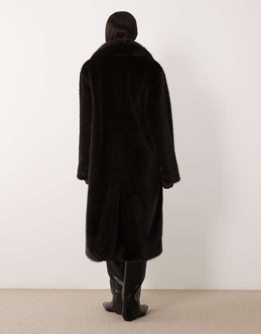ASOS DESIGN Tall longline funnel neck faux fur coat in dark brown, 3 of 4