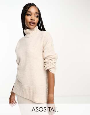 ASOS DESIGN Tall longline jumper with high neck in oatmeal-Neutral