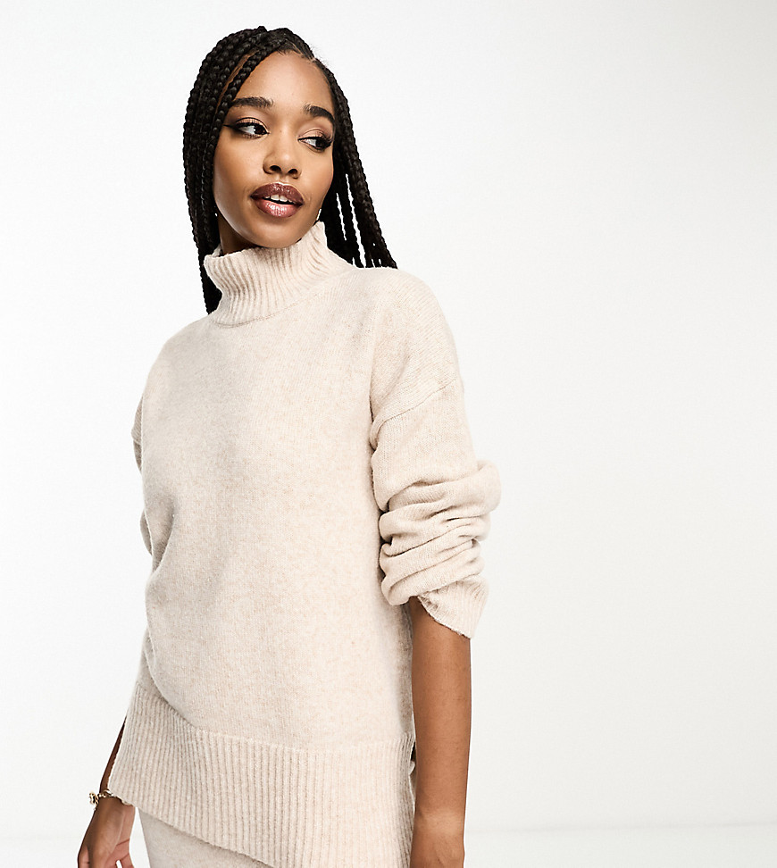 ASOS DESIGN Tall longline jumper with high neck in oatmeal-Neutral