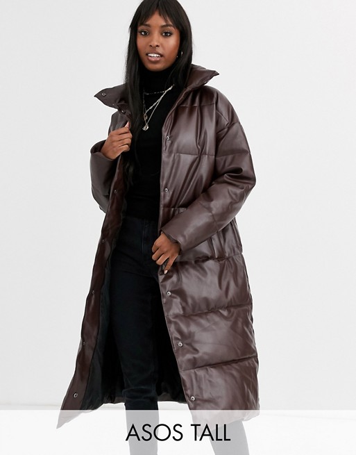 ASOS DESIGN Tall longline leather look puffer coat in chocolate