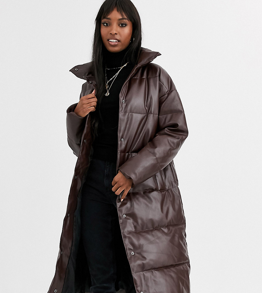 ASOS DESIGN Tall longline leather look puffer coat in chocolate-Brown