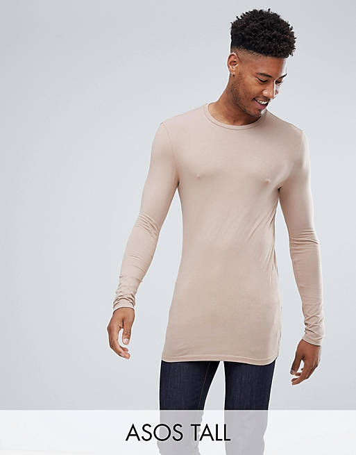 ASOS DESIGN Tall longline long sleeve t-shirt with crew neck in beige