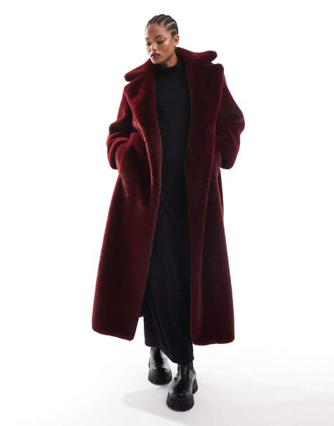 ASOS DESIGN Tall – Longline-Mantel aus Kunstpelz in Burgunderrot mit Bindegürtel - view 1