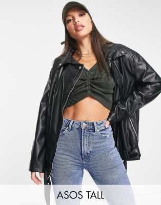 ASOS DESIGN Tall longline oversized faux leather biker jacket in black