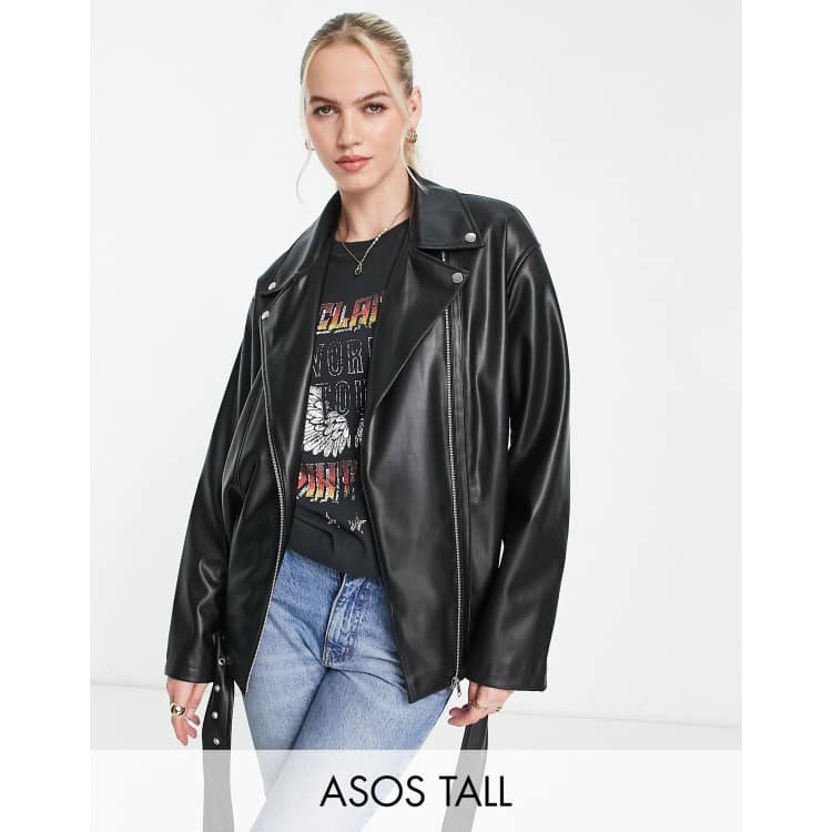 ASOS Premium Leather Oversized Biker Jacket With Chain Detail in Black