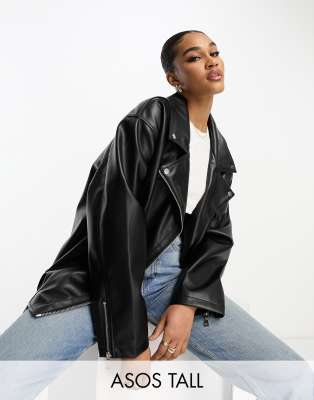 [ASOS Tall] ASOS DESIGN Tall longline oversized faux-leather biker jacket in black 16 Black