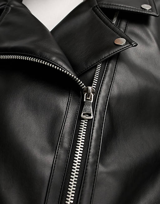 ASOS DESIGN Tall longline oversized faux leather biker jacket in black |  ASOS