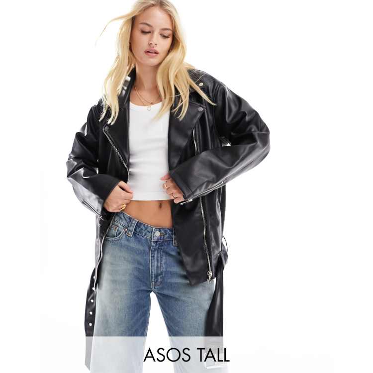 ASOS DESIGN Tall longline oversized faux leather biker jacket in black ASOS