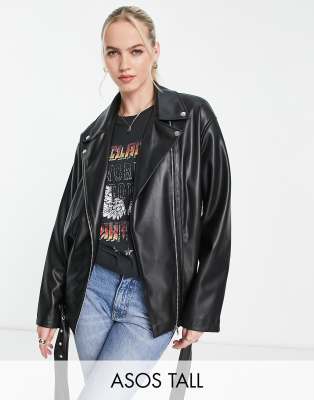 Asos Tall Asos Design Tall Longline Oversized Faux Leather Moto Jacket In Black In Black