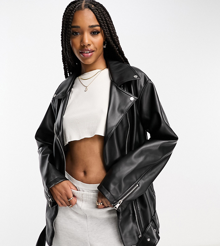 Asos Tall Asos Design Tall Longline Oversized Faux Leather Moto Jacket In Black