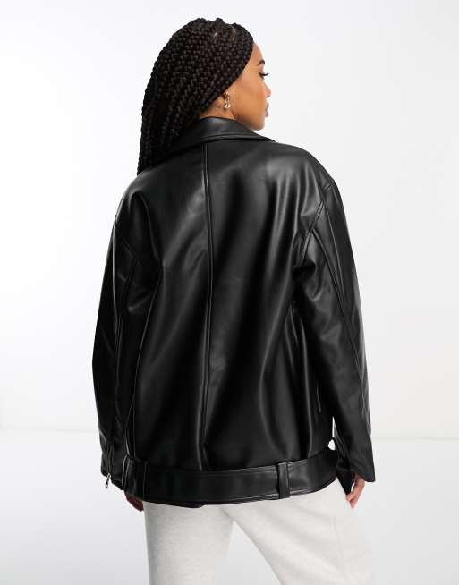 ASOS DESIGN longline oversized faux leather biker jacket in white