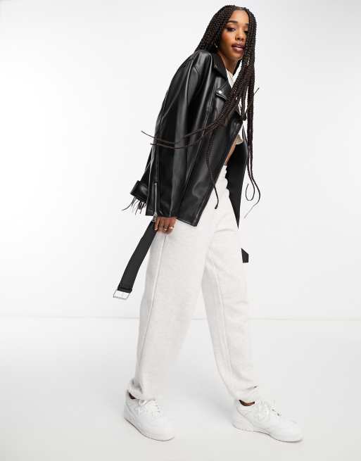 ASOS DESIGN longline oversized faux leather biker jacket in white