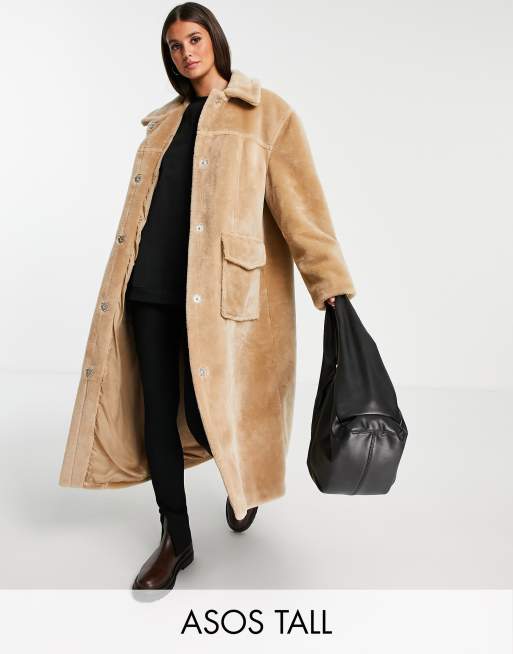 ASOS DESIGN longline plush faux fur coat in camel