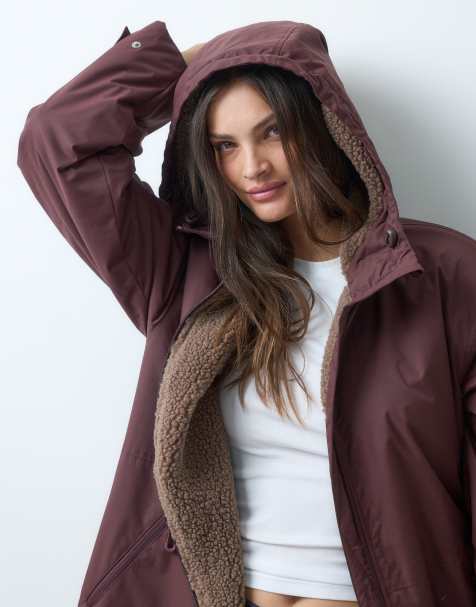 ASOS DESIGN Tall longline rain coat with borg liner in burgundy - view 1