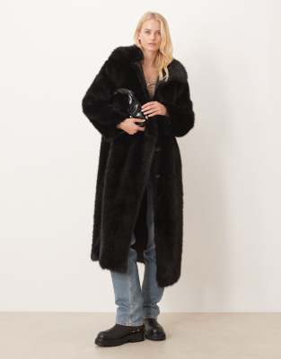 Asos Tall Asos Design Tall Longline Tipped Faux Fur Car Coat In Black