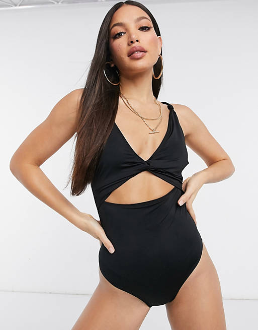 ASOS DESIGN Tall loop front swimsuit with knot in black | ASOS