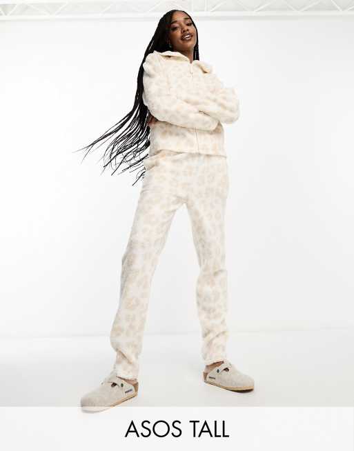 ASOS DESIGN Tall lounge animal borg trackies in cream (part of a set)