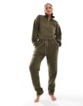[ASOS Tall] ASOS DESIGN Tall lounge borg zip collar sweat & tapered pants set in khaki-Green S Khaki