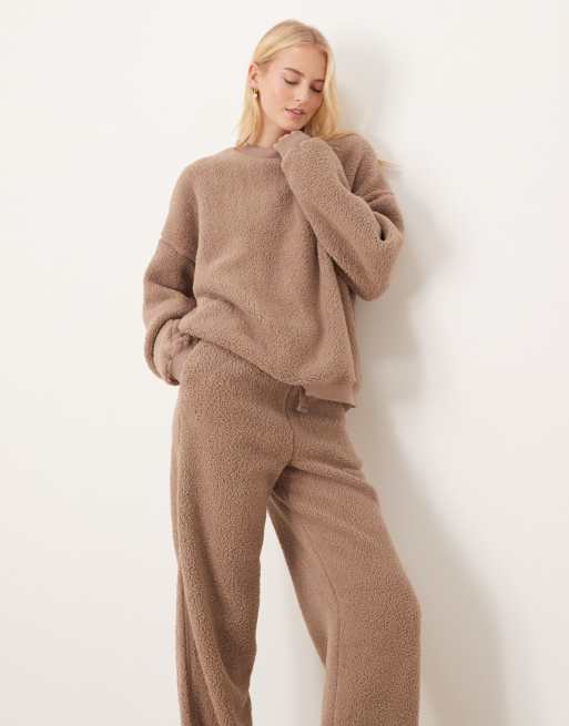 ASOS DESIGN Tall lounge cuddle crew neck sweat & wide leg pants set in light brown
