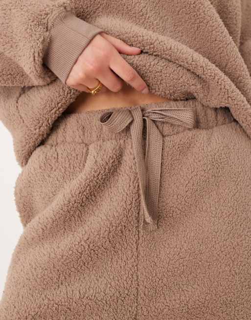 ASOS DESIGN Tall lounge cuddle crew neck sweat & wide leg pants set in light brown, 3 of 4