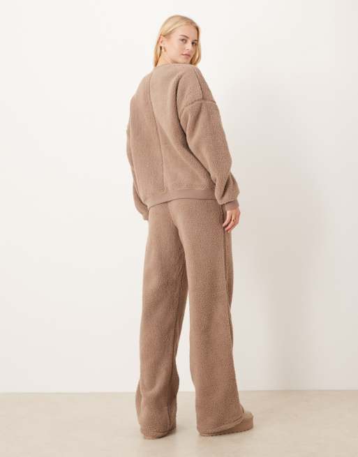 ASOS DESIGN Tall lounge cuddle crew neck sweat & wide leg pants set in light brown