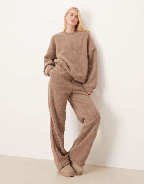 ASOS DESIGN Tall lounge cuddle crew neck sweat & wide leg trouser set in light brown - view 1