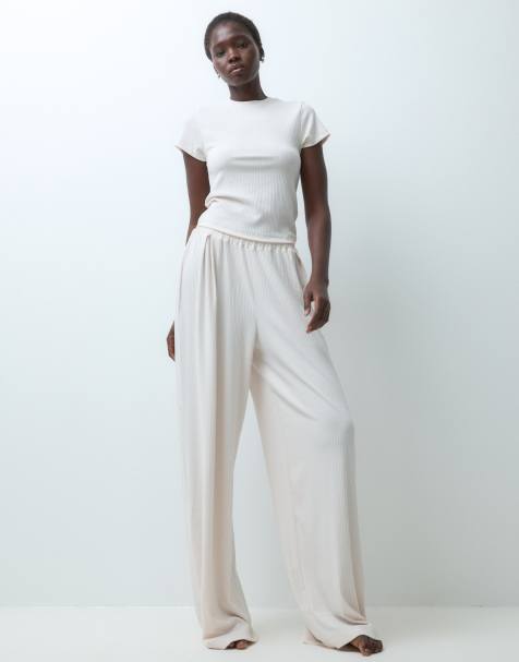 ASOS DESIGN Tall lounge mix & match geribde broek met wijde pijpen in crème - view 1