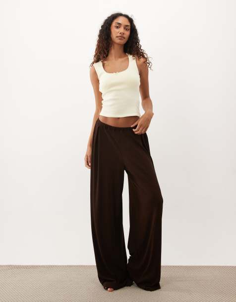 ASOS DESIGN Tall Lounge-Mix & Match gerippte Wide-Leg-Hose in Schokobraun - view 1