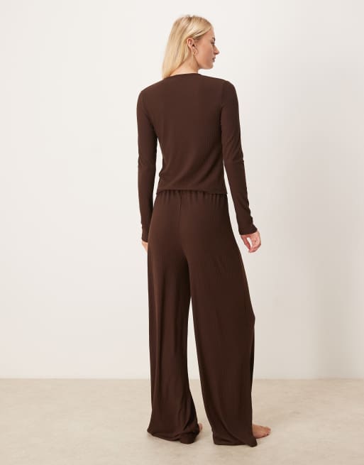ASOS DESIGN Tall lounge mix & match rib wide leg pant in chocolate brown
