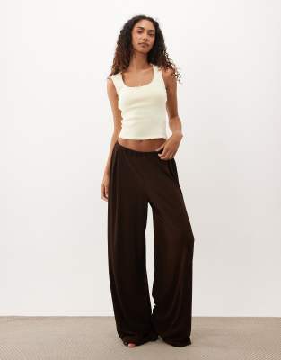 Asos Tall Asos Design Tall Lounge Mix & Match Ribbed Wide Leg Pajama Bottom In Brown