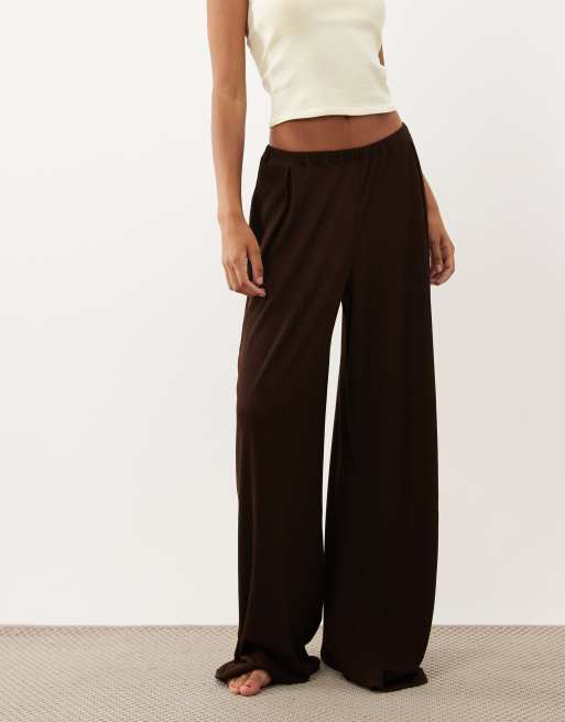 ASOS DESIGN Tall lounge mix & match ribbed wide leg pajama bottom in chocolate, 2 of 5