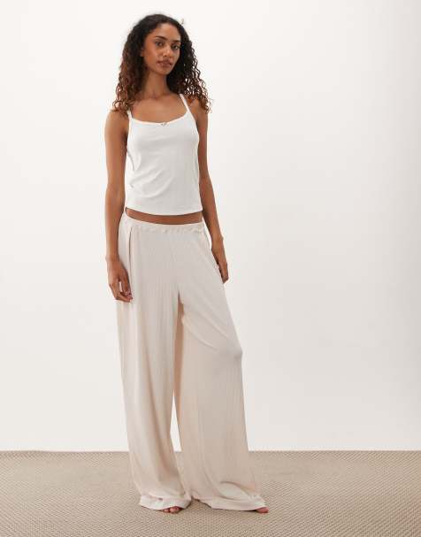 ASOS DESIGN Tall lounge mix & match ribbed wide leg pajama bottom in cream - view 1