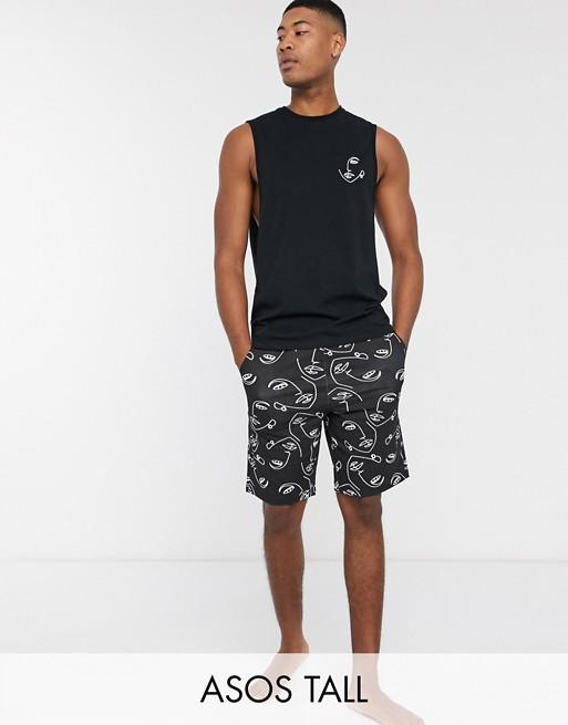 ASOS DESIGN Tall lounge pyjama vest and short set in hand drawn face print