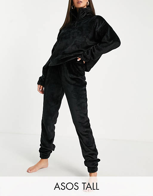 Women Tall lounge super soft fleece zip up sweat & jogger set in black 