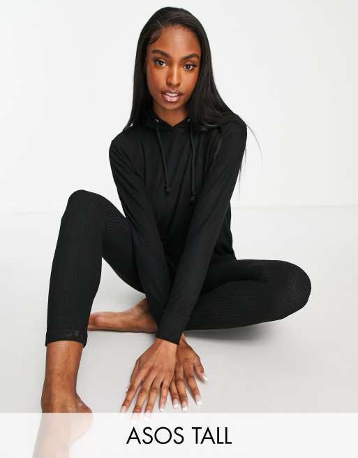 ASOS DESIGN Tall lounge super soft rib oversized hoodie with splits & legging  set in black