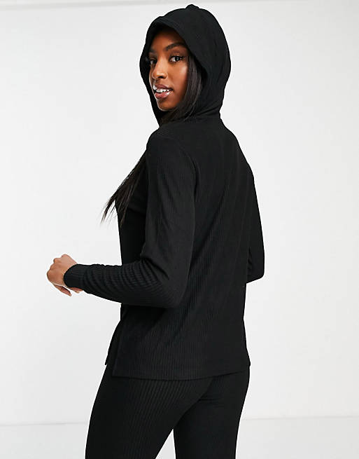 Women Tall lounge super soft rib oversized hoodie with splits & legging set in black 