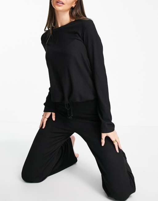 ASOS DESIGN Tall lounge super soft rib sweat & wide leg pants set in black