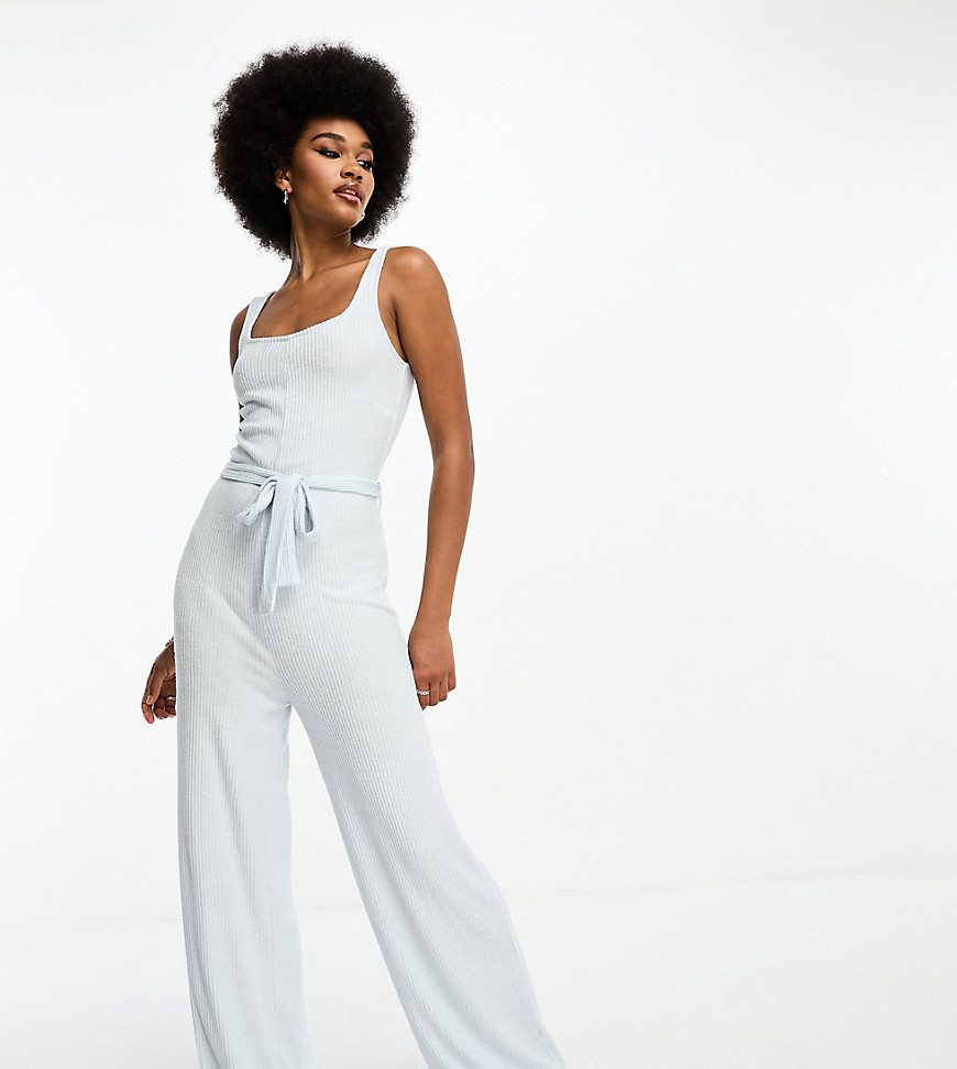 ASOS DESIGN Tall lounge super soft ribbed square neck jumpsuit in blue