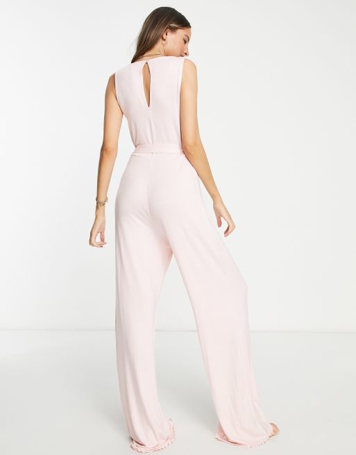 ASOS DESIGN Tall lounge super soft waist tie jumpsuit with lettuce hem in pink, 2 of 4