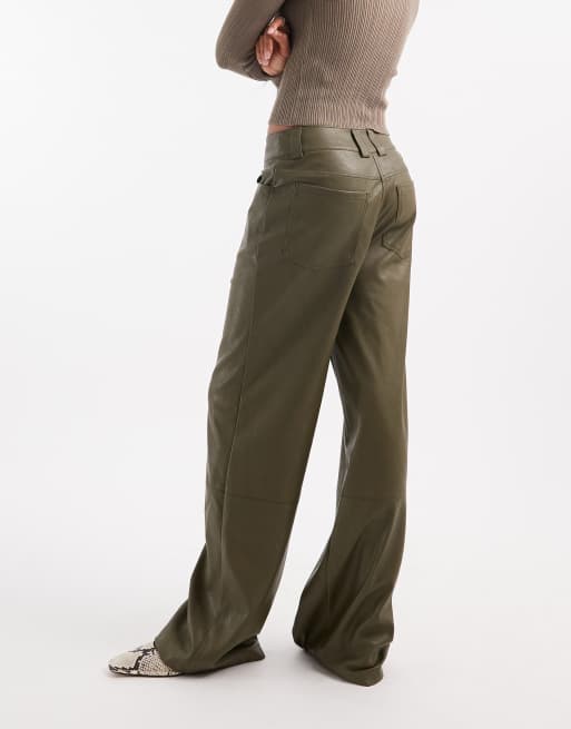 ASOS DESIGN Tall low rise menswear inspired faux leather pants in green