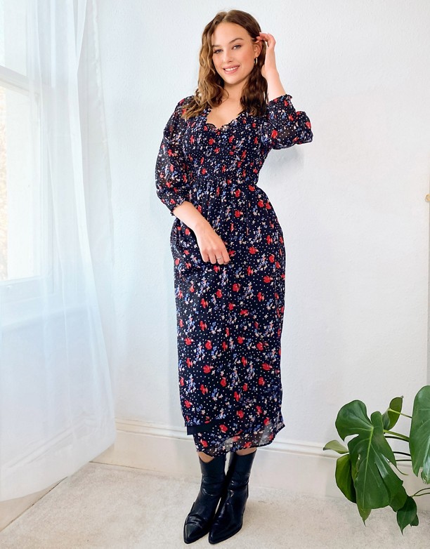  Style ASOS DESIGN Tall – Luźna sukienka midi z marszczonymi mankietami i drobnym kwiatowym wzorem Kropki/kwiaty