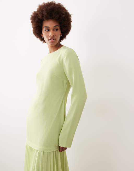 ASOS DESIGN Tall - Lysegrøn maxikjole med lange ærmer og plisseret nederdel, 2 af 4