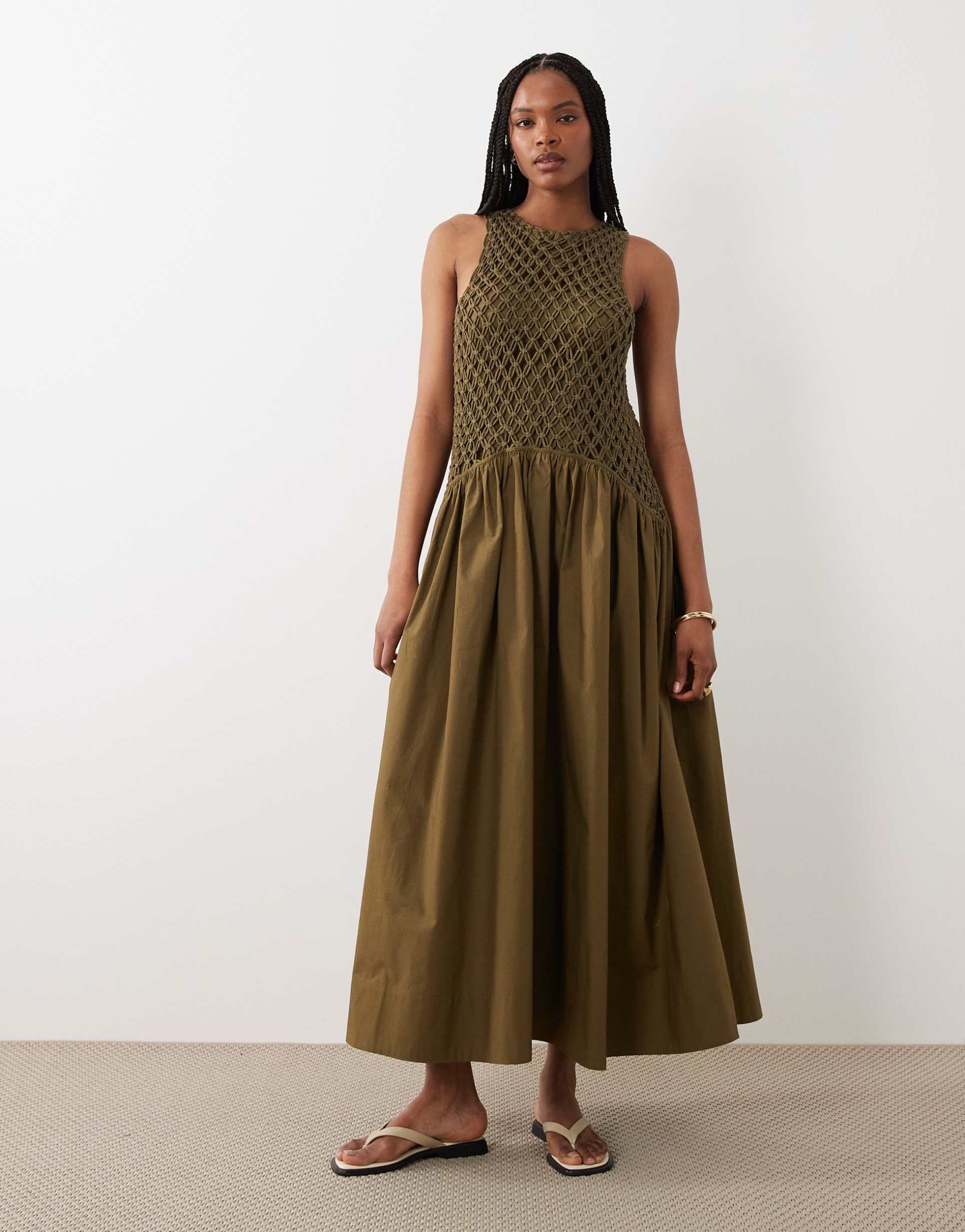asos design tall macrame dropped waist maxi dress with poplin skirt in olive