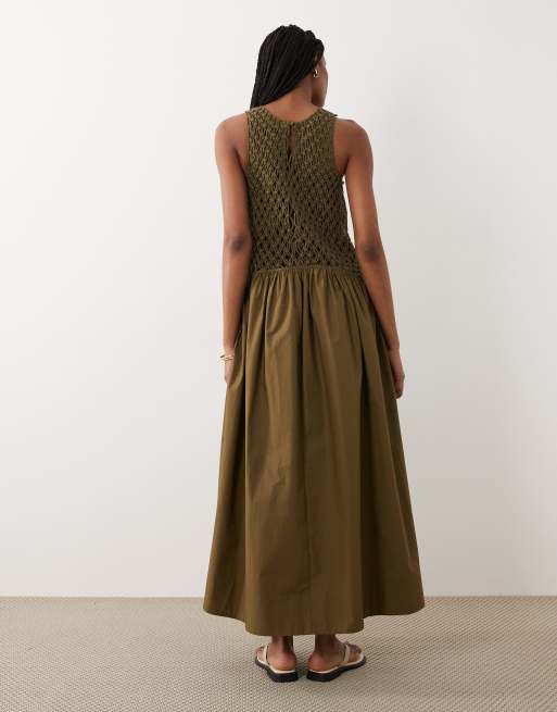 ASOS DESIGN Tall - Macramé maxi-jurk met verlaagde taille en popeline rok in olijfgroen, 3 van 4
