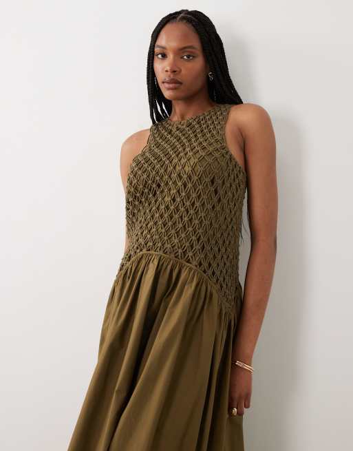 ASOS DESIGN Tall - Macramé maxi-jurk met verlaagde taille en popeline rok in olijfgroen, 4 van 4