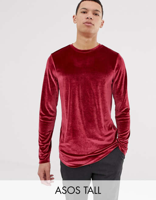 ASOS DESIGN Tall - Maglietta a maniche lunghe attillata lunga elasticizzata in velour bordeaux